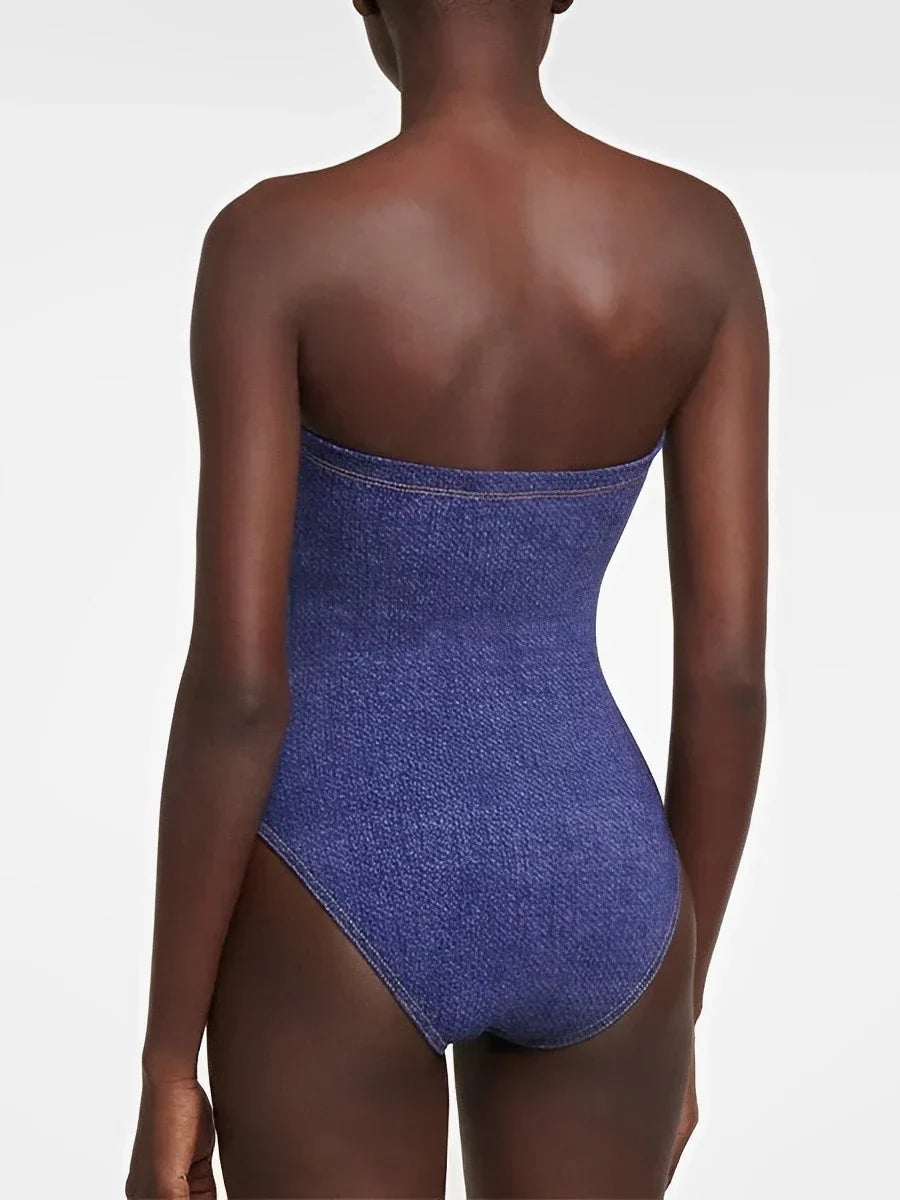 Women's Swimsuit | Strapless Ruffle Denim Cutout