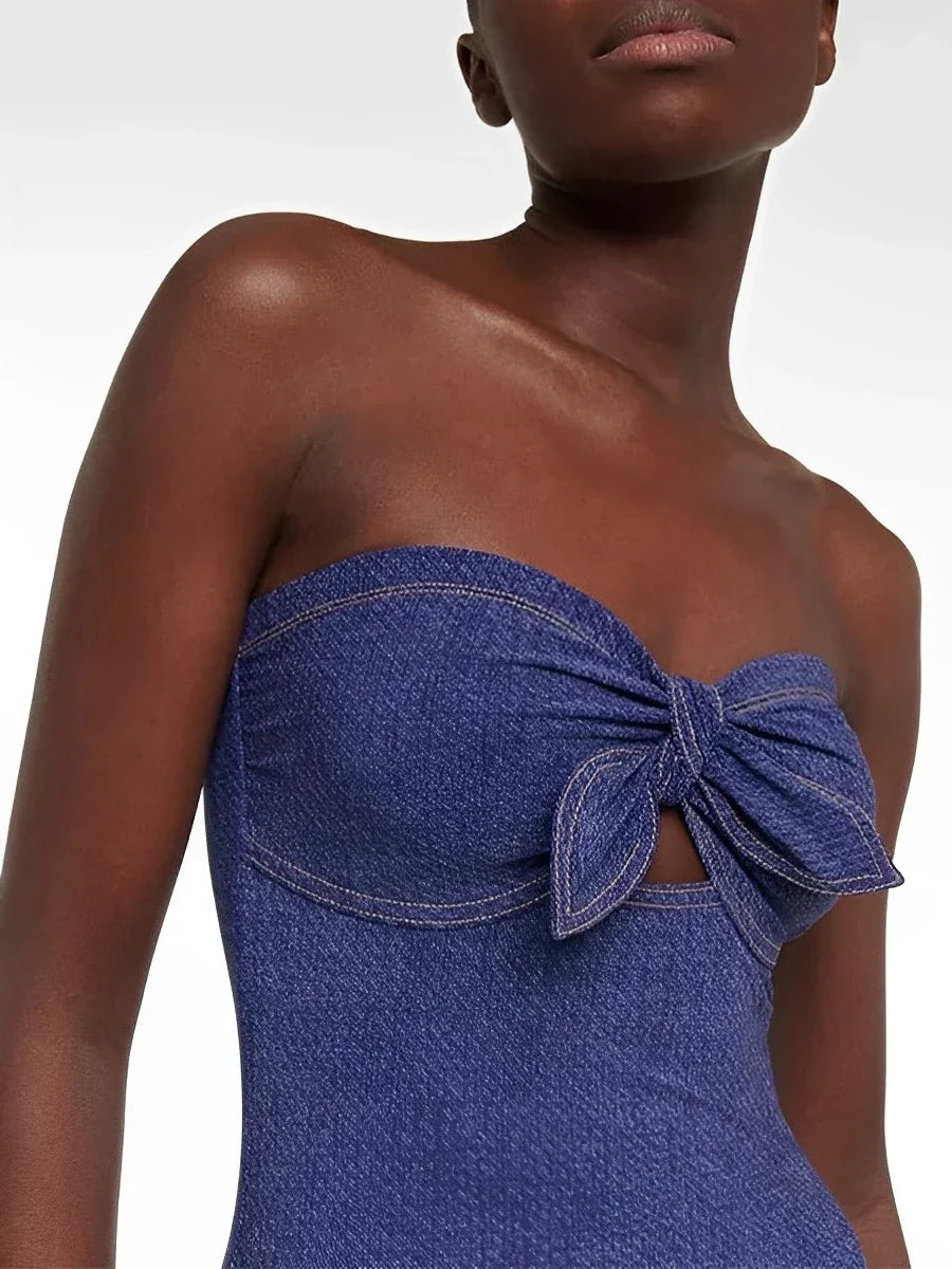 Women's Swimsuit | Strapless Ruffle Denim Cutout
