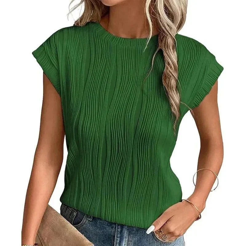 Women's Top | Crewneck Short Sleeve Pleated Texture