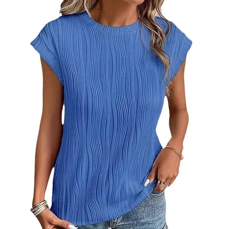 Women's Top | Crewneck Short Sleeve Pleated Texture