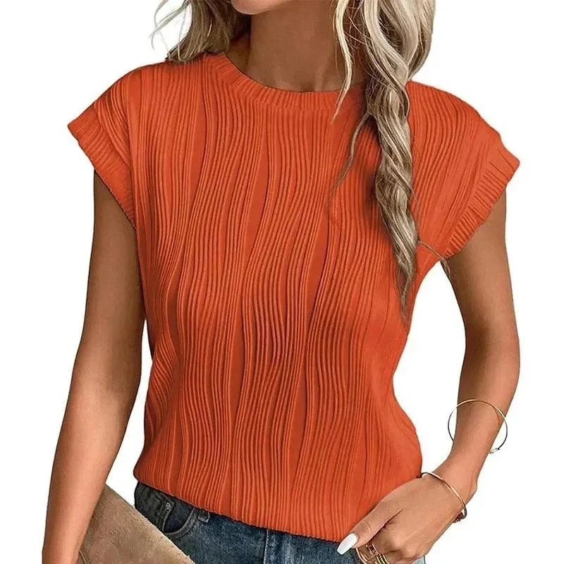 Women's Top | Crewneck Short Sleeve Pleated Texture