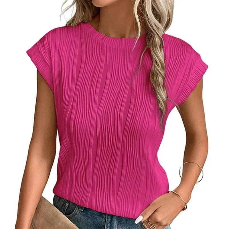 Women's Top | Crewneck Short Sleeve Pleated Texture