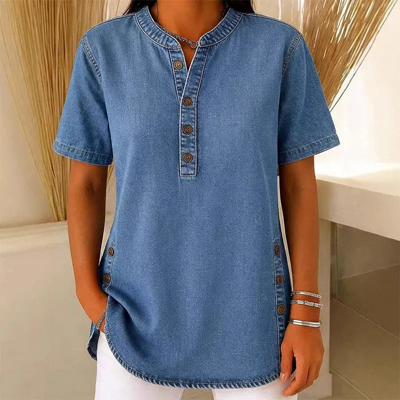 Denim Tunic Top - Short Sleeve V Neck Button Front Women's