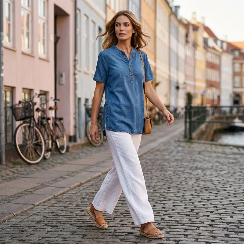 Denim Tunic Top - Short Sleeve V Neck Button Front Women's