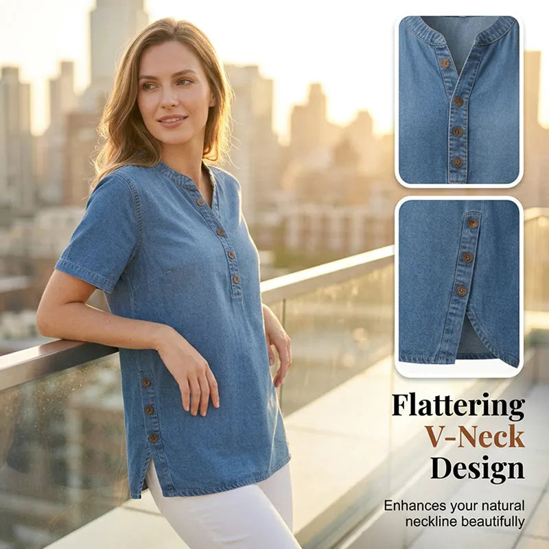 Denim Tunic Top - Short Sleeve V Neck Button Front Women's
