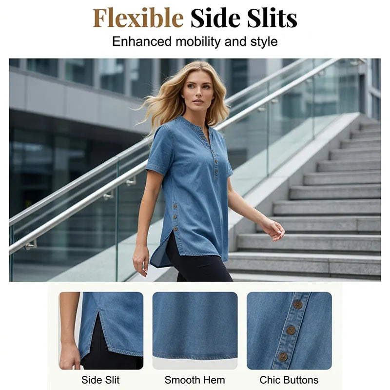 Denim Tunic Top - Short Sleeve V Neck Button Front Women's