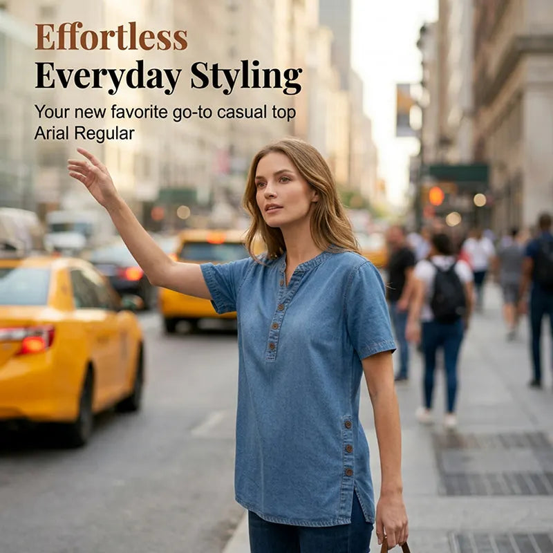 Denim Tunic Top - Short Sleeve V Neck Button Front Women's