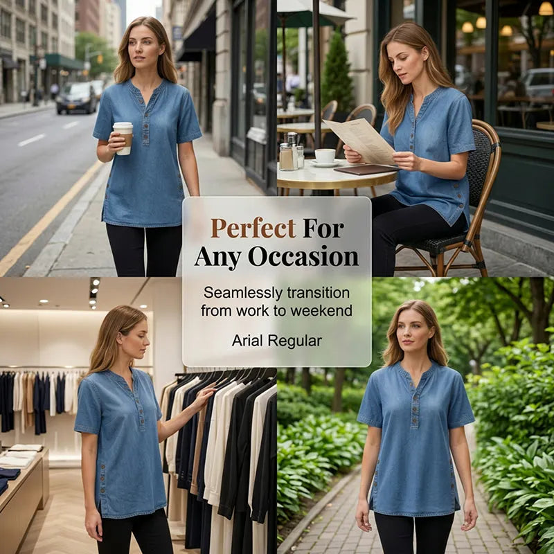 Denim Tunic Top - Short Sleeve V Neck Button Front Women's