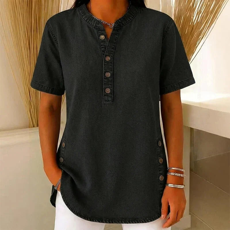Denim Tunic Top - Short Sleeve V Neck Button Front Women's