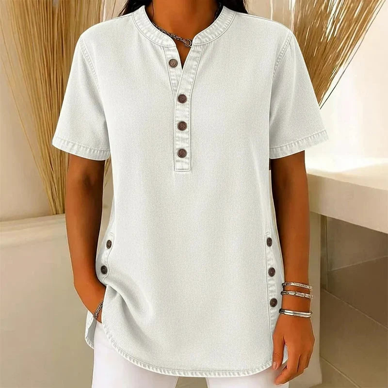 Denim Tunic Top - Short Sleeve V Neck Button Front Women's