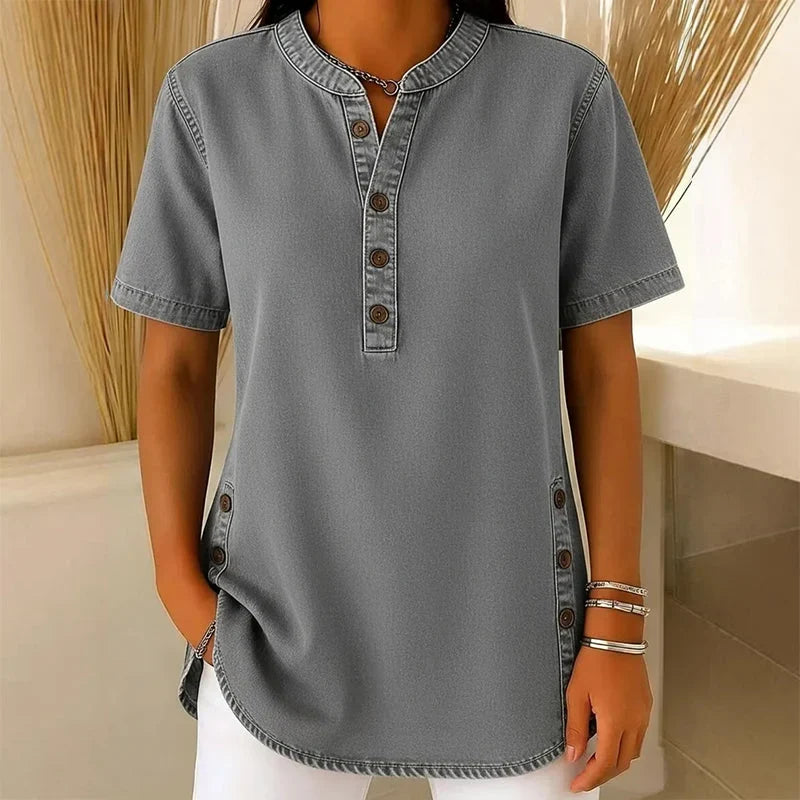 Denim Tunic Top - Short Sleeve V Neck Button Front Women's