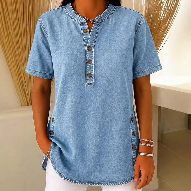 Denim Tunic Top - Short Sleeve V Neck Button Front Women's