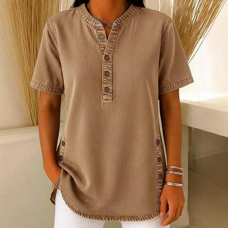 Denim Tunic Top - Short Sleeve V Neck Button Front Women's
