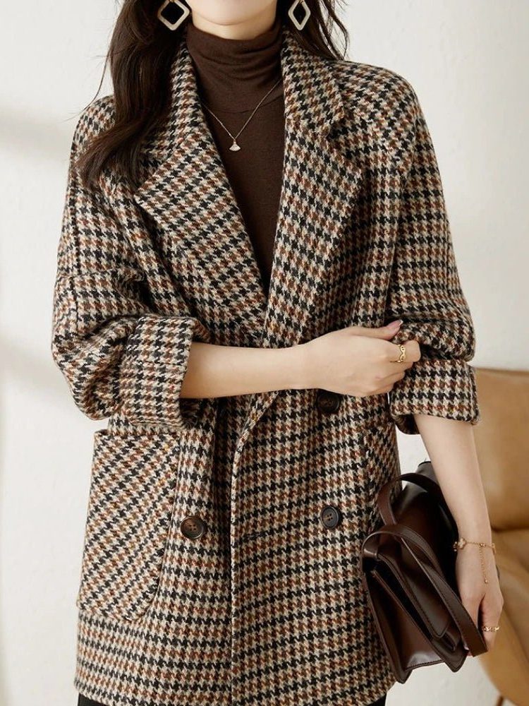 Women's Wool-Effect Coat | Houndstooth Double-Breasted Blazer