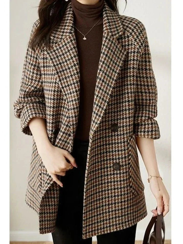 Women's Wool-Effect Coat | Houndstooth Double-Breasted Blazer