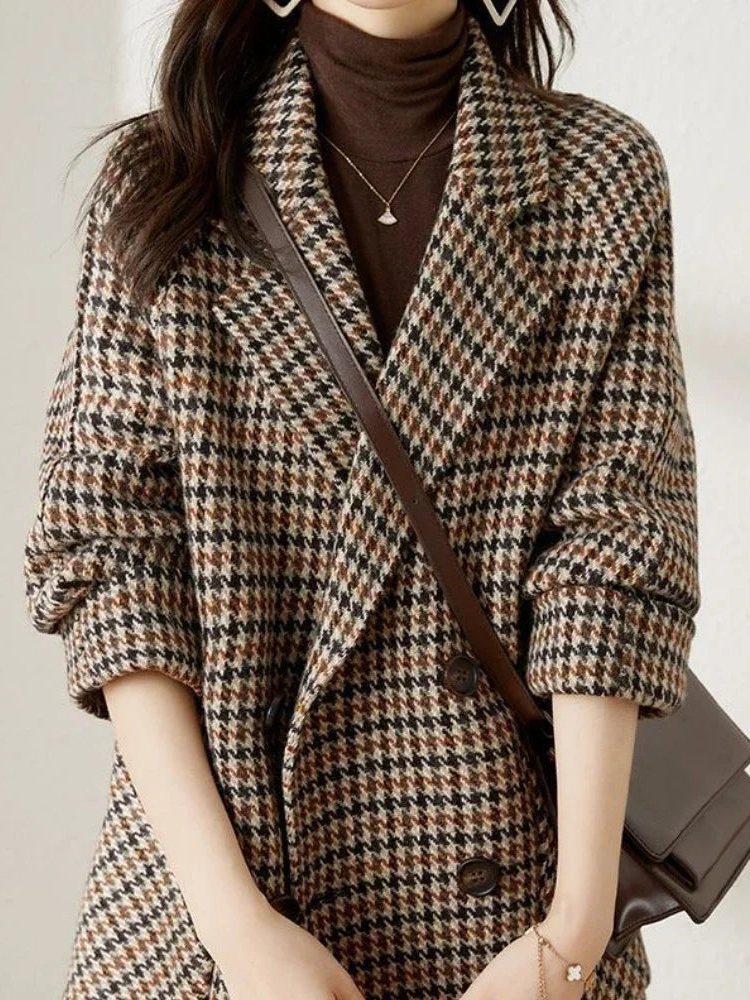 Women's Wool-Effect Coat | Houndstooth Double-Breasted Blazer