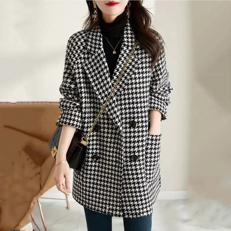 Women's Wool-Effect Coat | Houndstooth Double-Breasted Blazer
