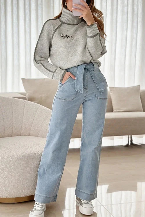 Women's Wool Sweater | Mockneck Contrast Stitch Gray Long Sleeve