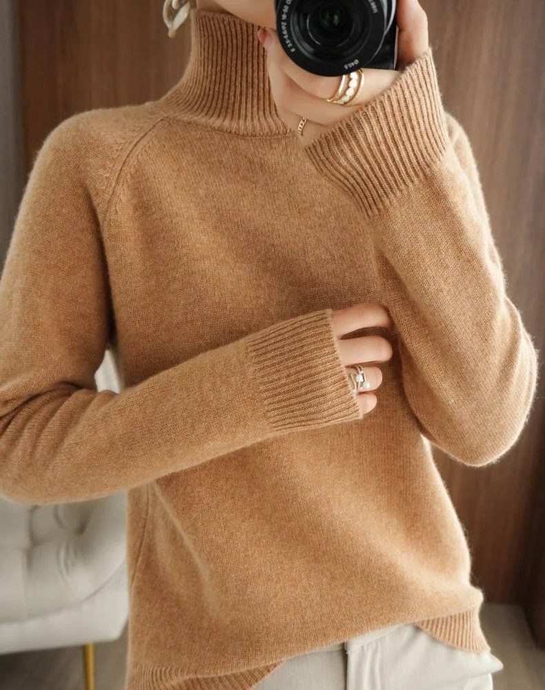 Fitted Roll Neck Sweater - Ribbed Knit Women's Sweater