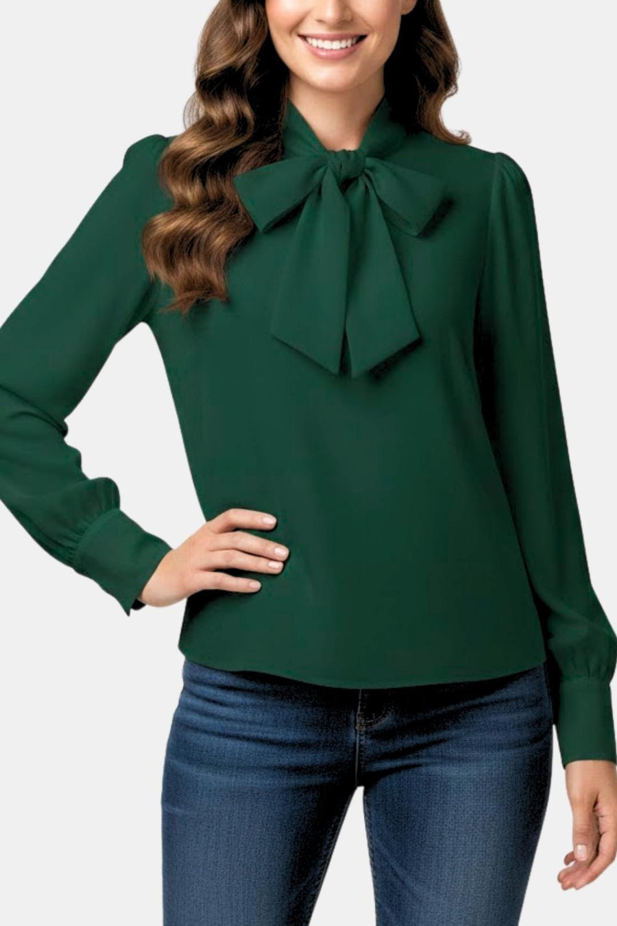 Women's Bow Blouse with Long Sleeves and Buttoned Cuffs