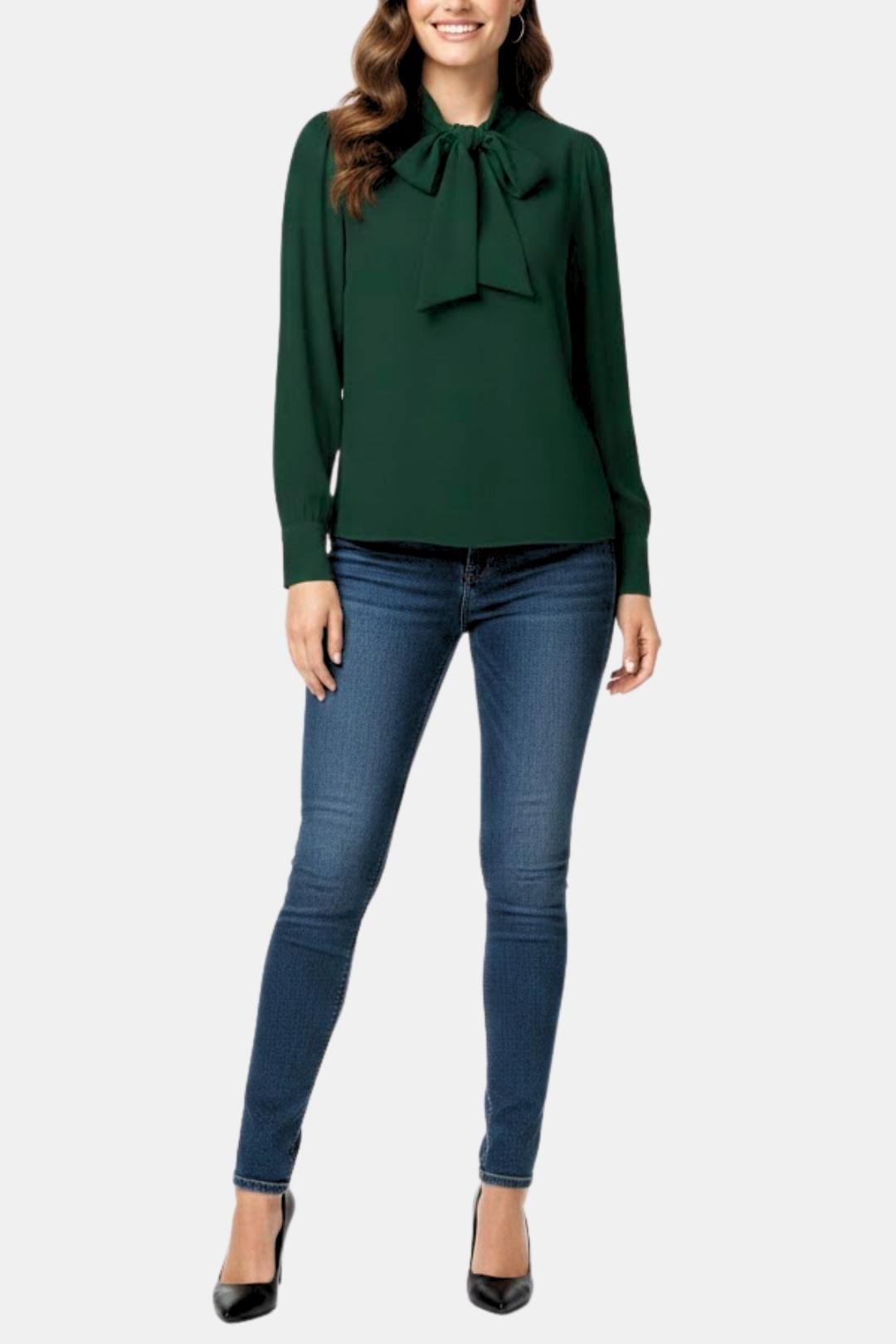 Women's Bow Blouse with Long Sleeves and Buttoned Cuffs | Tie Neckline, Front Button Closure | Sizes XS to 3XL, 4 Colors