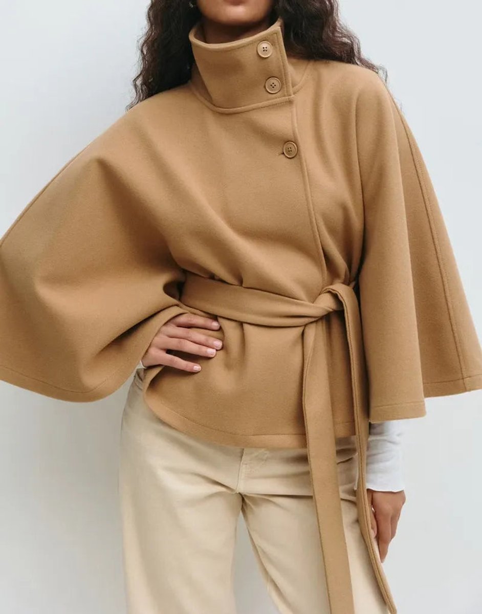Women's Belted High-Neck Cape-Sleeve Trench Coat