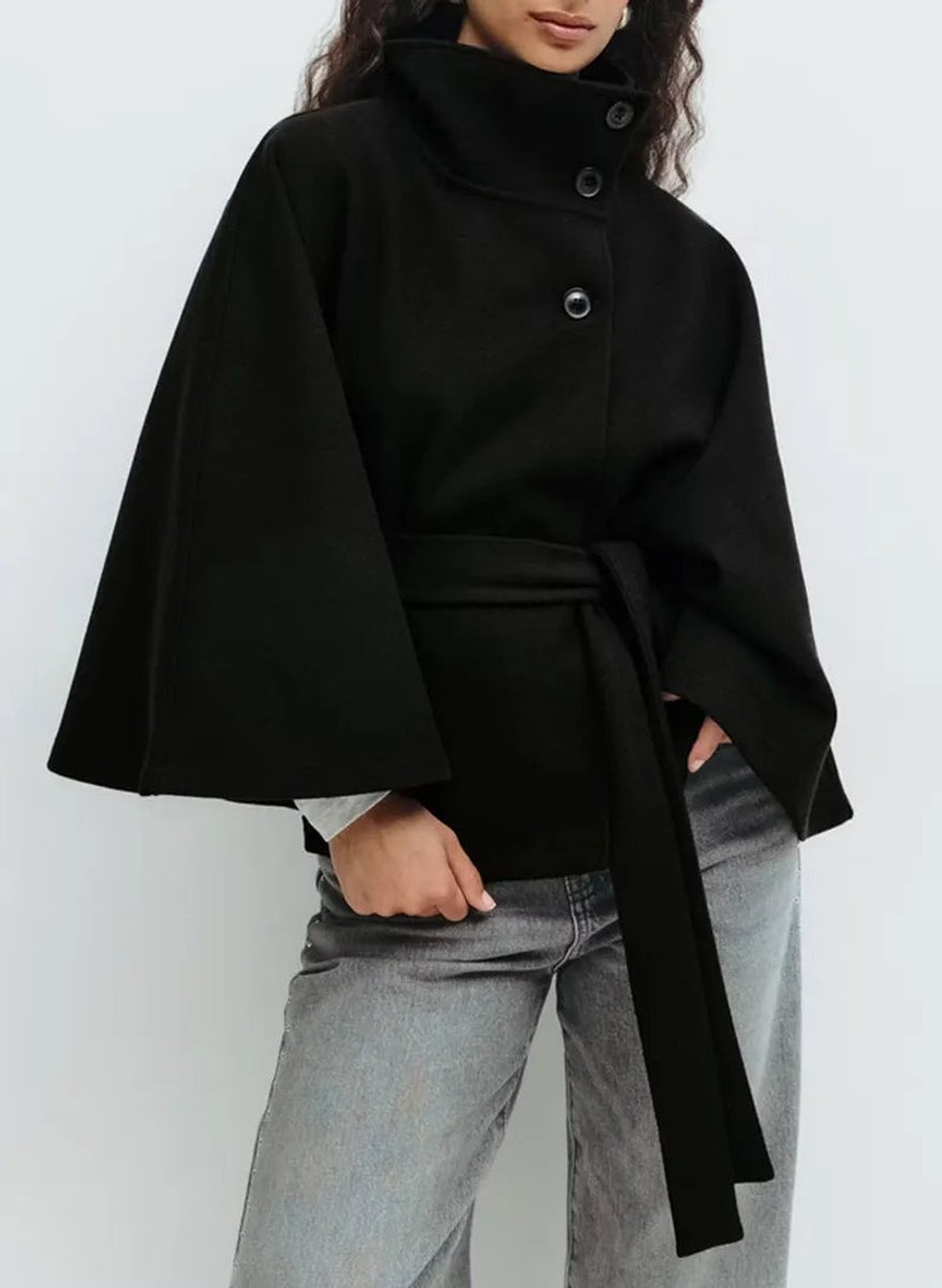 Women's Belted High-Neck Cape-Sleeve Trench Coat