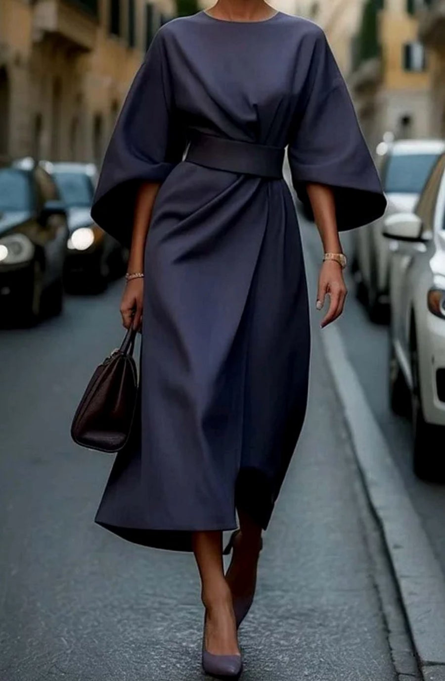Women's Belted Kimono-Sleeve Midi Elegant Dress
