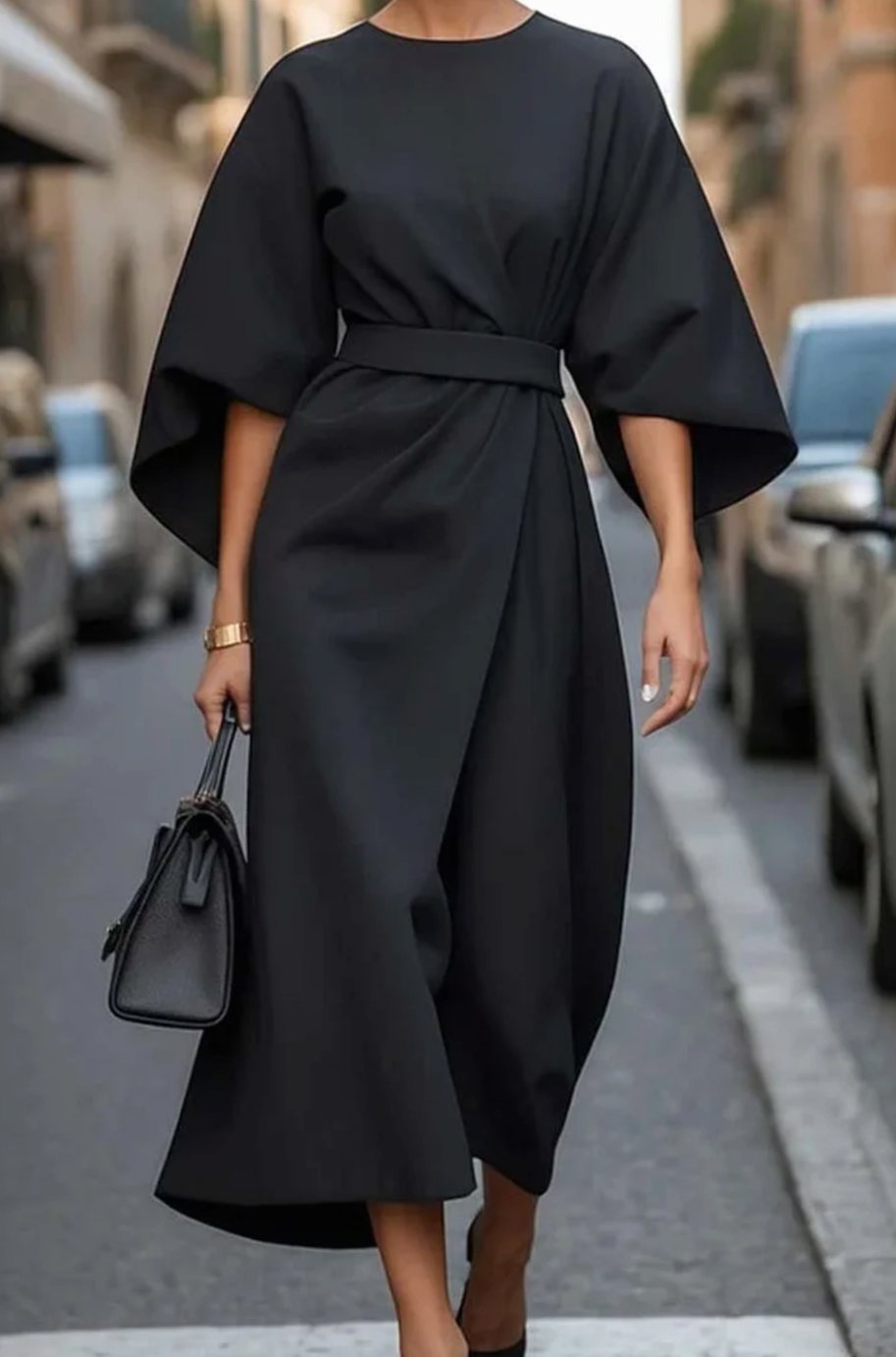 Women's Belted Kimono-Sleeve Midi Elegant Dress