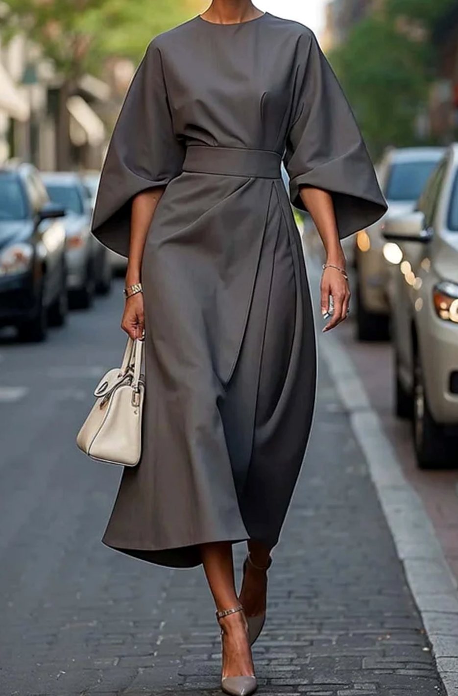 Women's Belted Kimono-Sleeve Midi Elegant Dress