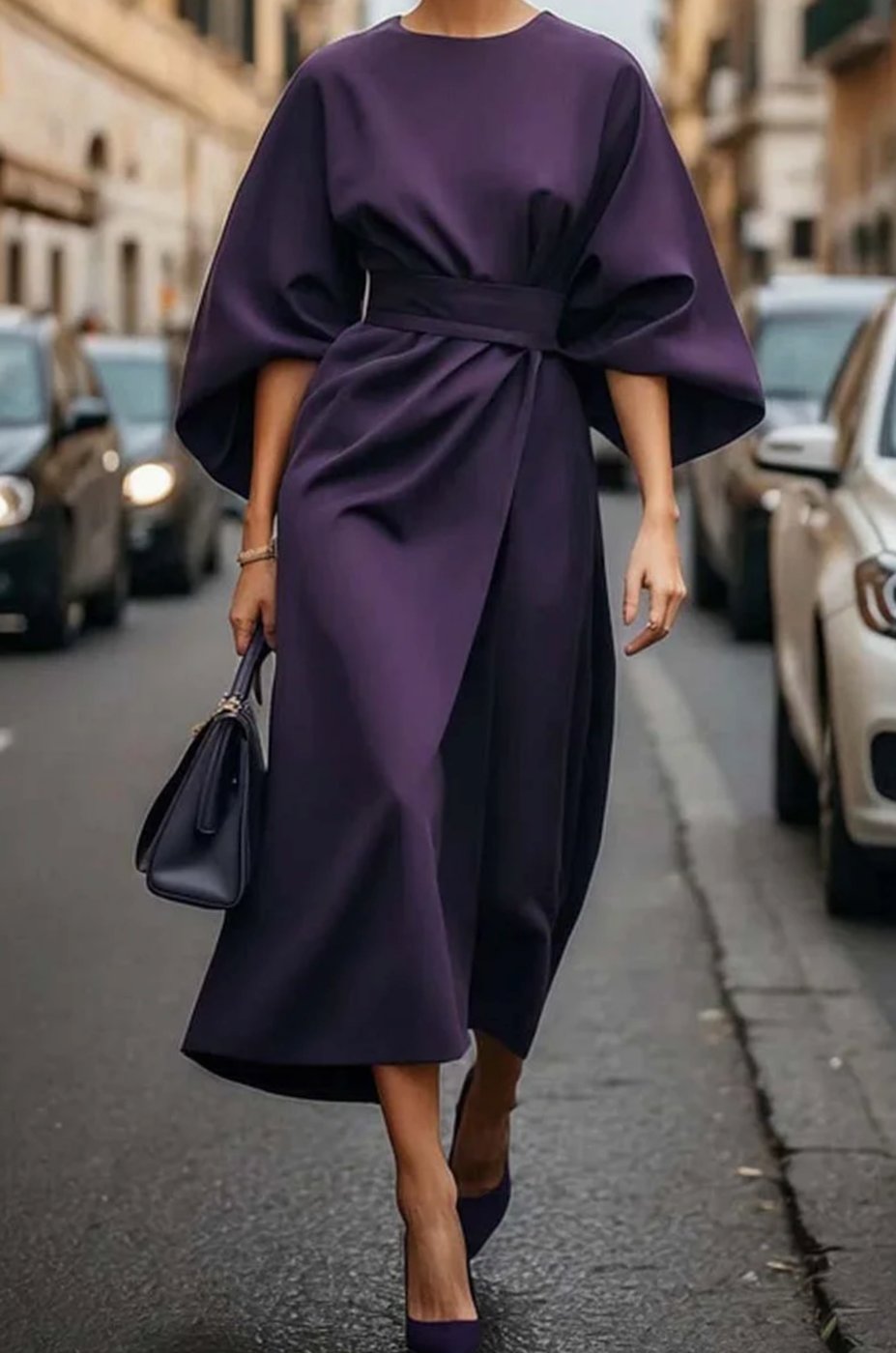 Women's Belted Kimono-Sleeve Midi Elegant Dress