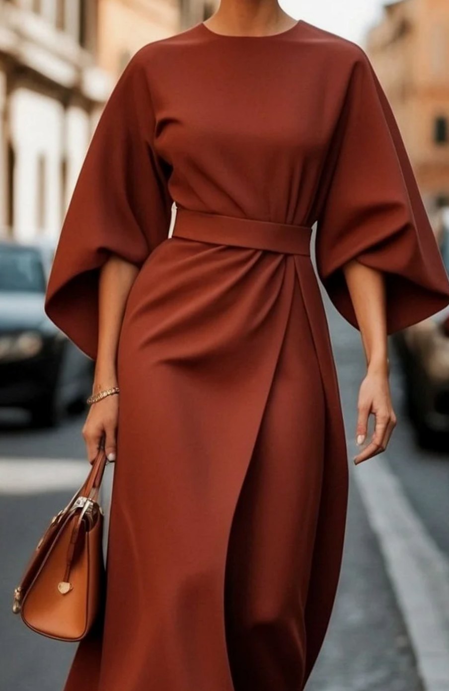 Women's Belted Kimono-Sleeve Midi Elegant Dress