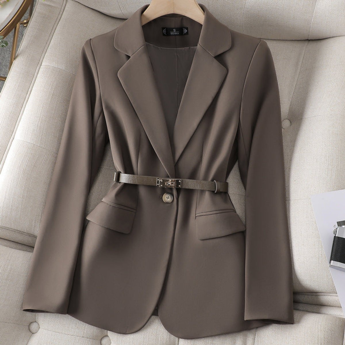 Women's Belted Single-Button Notch-Lapel Blazer