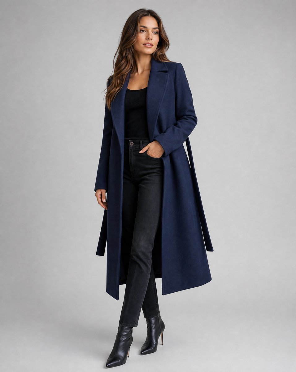 Women's Belted Wool-Blend Long-Line Lapel Trench Coat