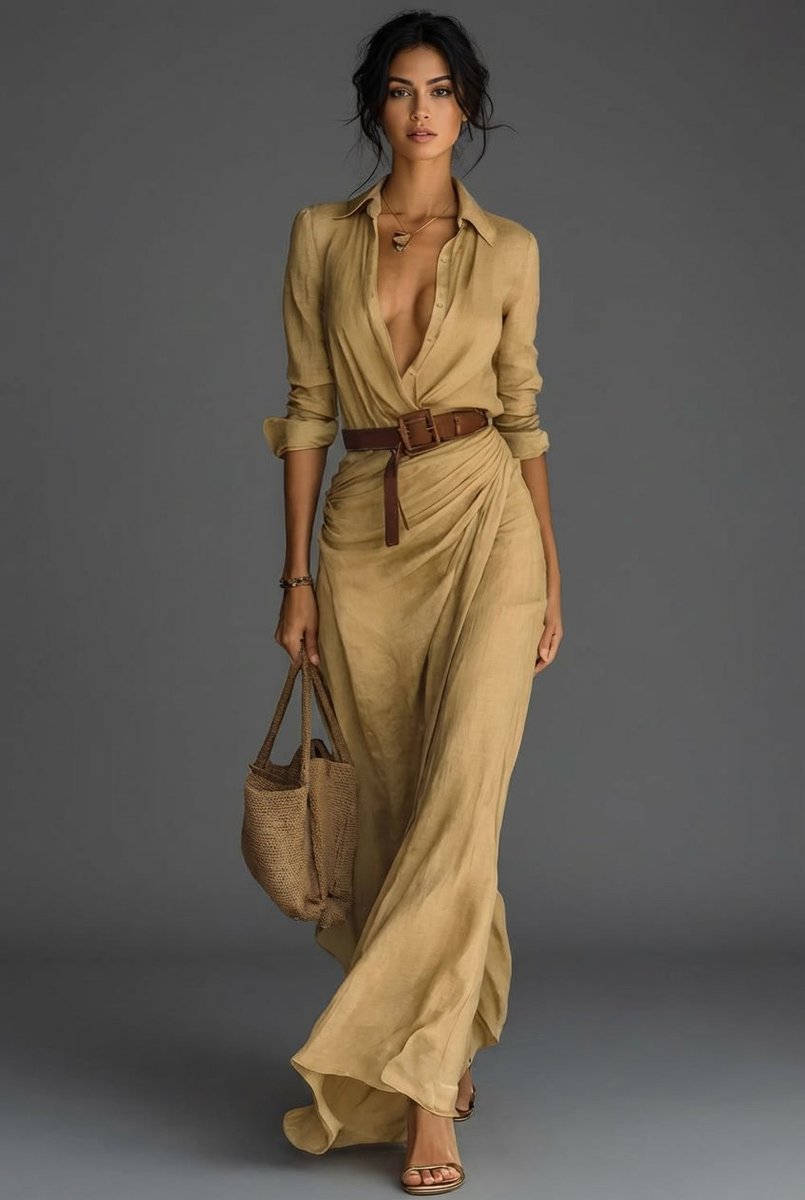 Women's Belted Wrap Long Sleeve Fall Dress Maxi
