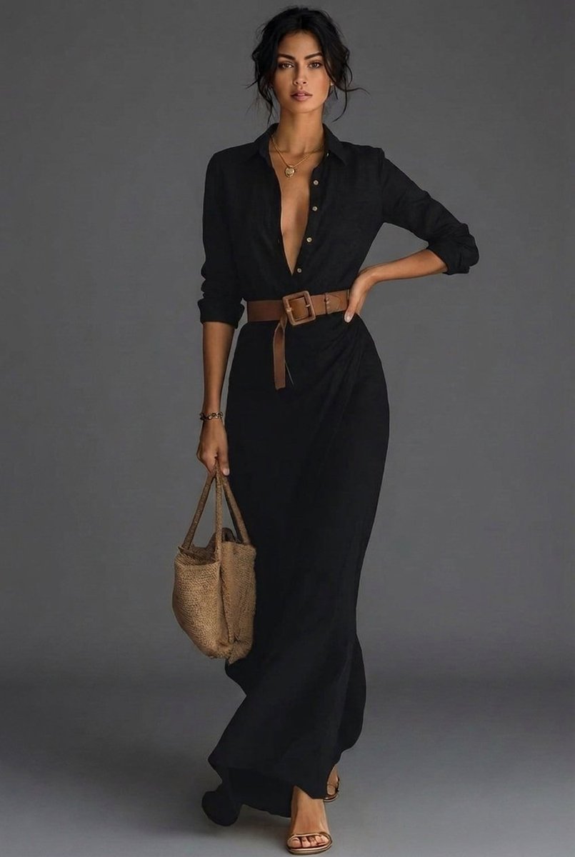 Women's Belted Wrap Long Sleeve Fall Dress Maxi