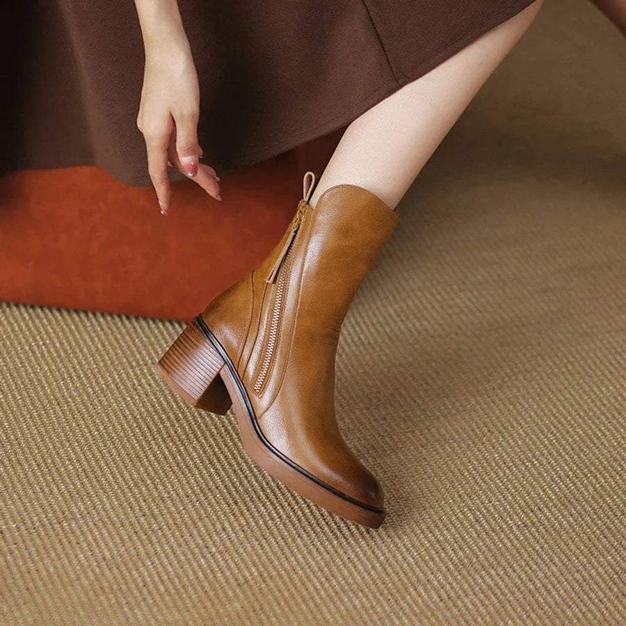 Women's Block-Heel Side-Zip Leather Ankle Boots