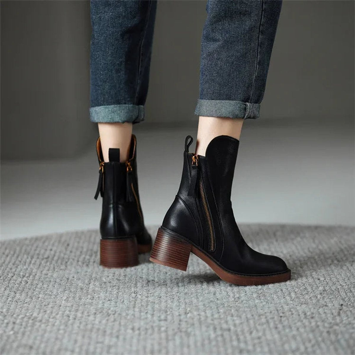 Women's Block-Heel Side-Zip Leather Ankle Boots