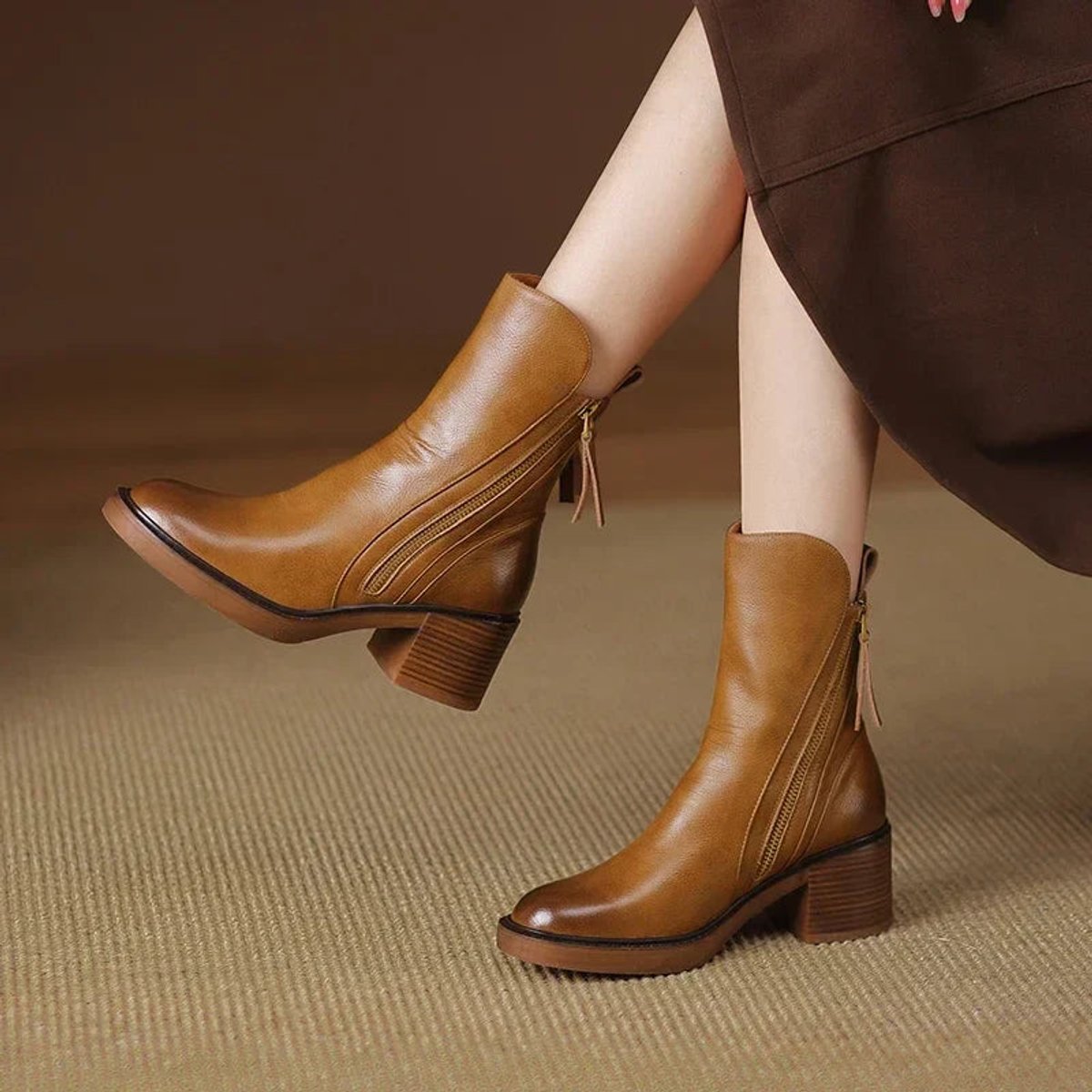 Women's Block-Heel Side-Zip Leather Ankle Boots