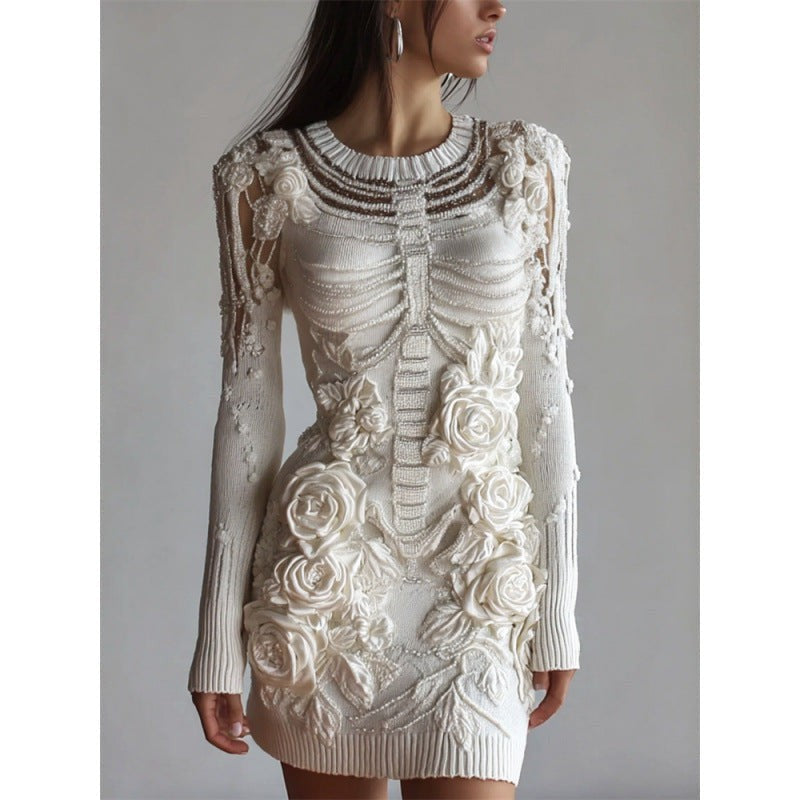 Marlowe | Women's Bodycon Long-Sleeve Skeleton Print Floral Appliqué Halloween Mini Dress