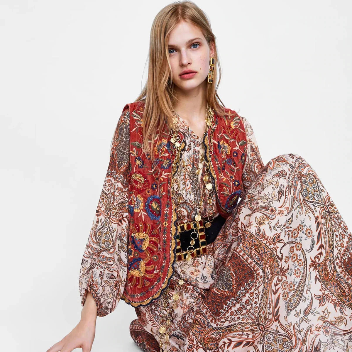 Women’s boho floral open front vest design