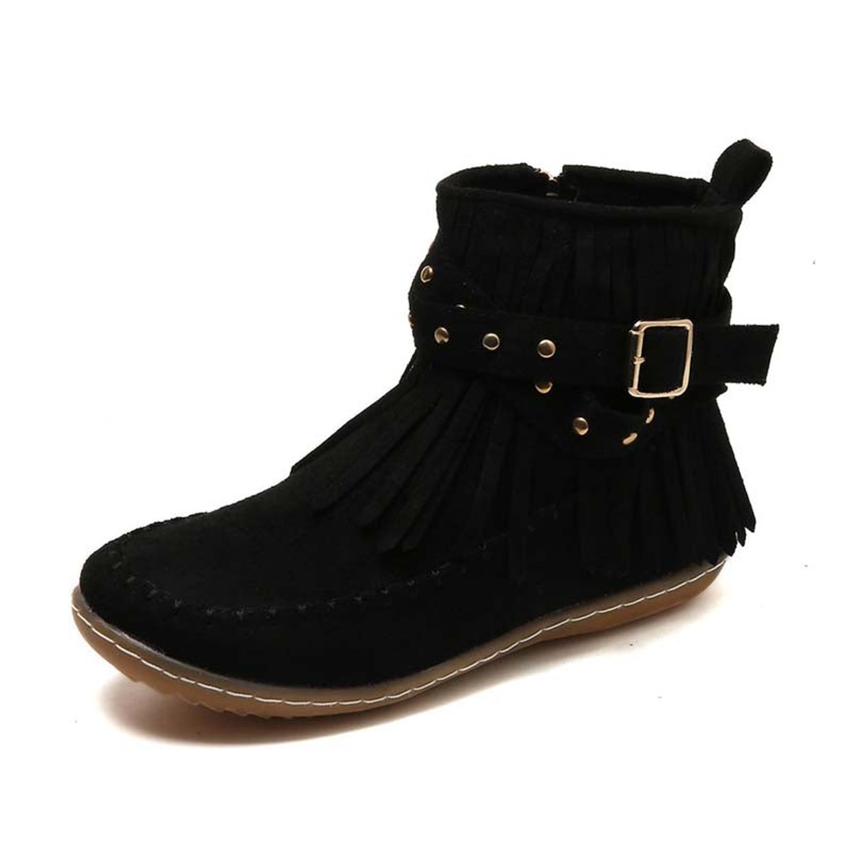 Women's Boho Fringe Studded-Strap Flat Ankle Boots