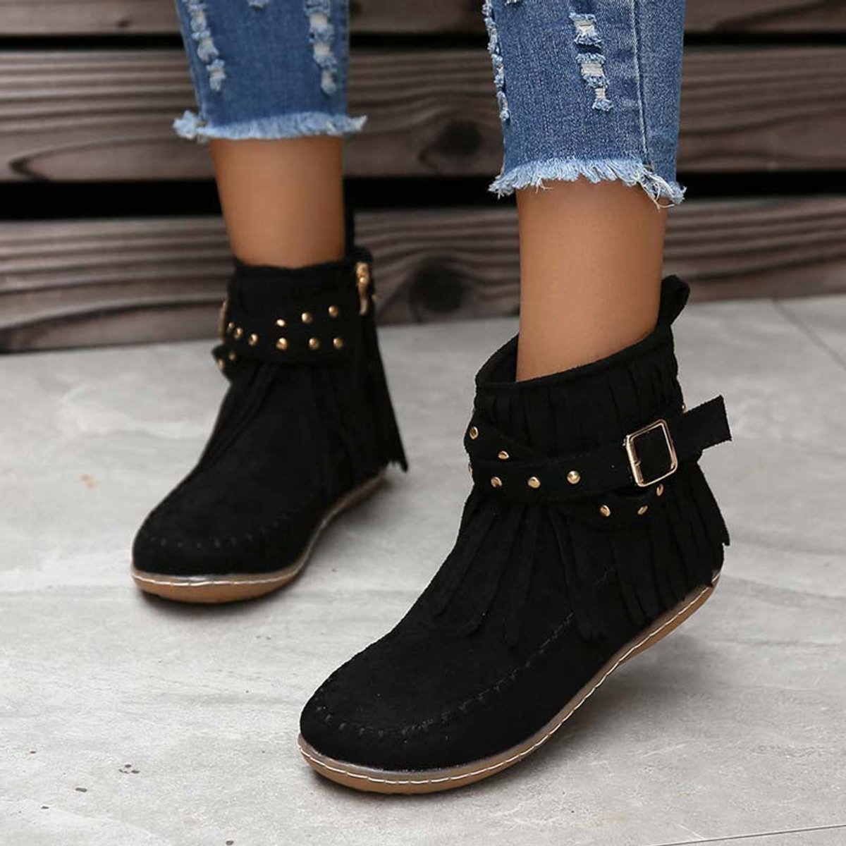 Women's Boho Fringe Studded-Strap Flat Ankle Boots