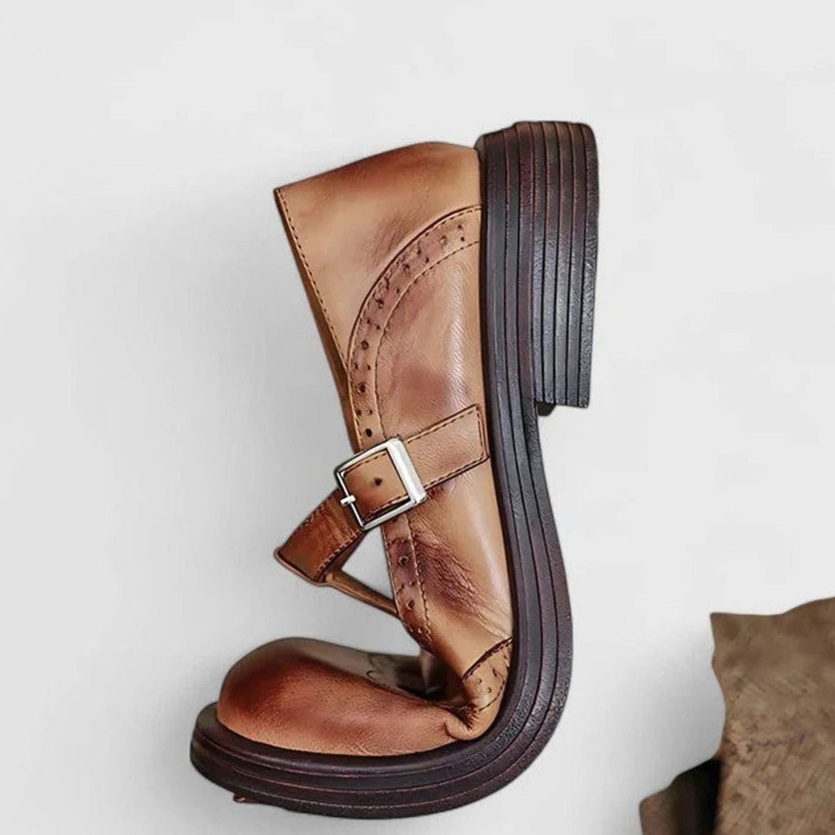 Women's Brogue Leather T-Strap Buckle Classic Boots