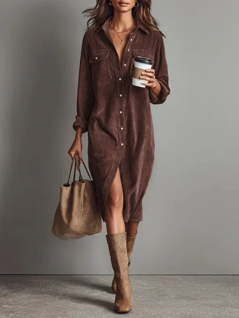 Women's button front long sleeve midi dress