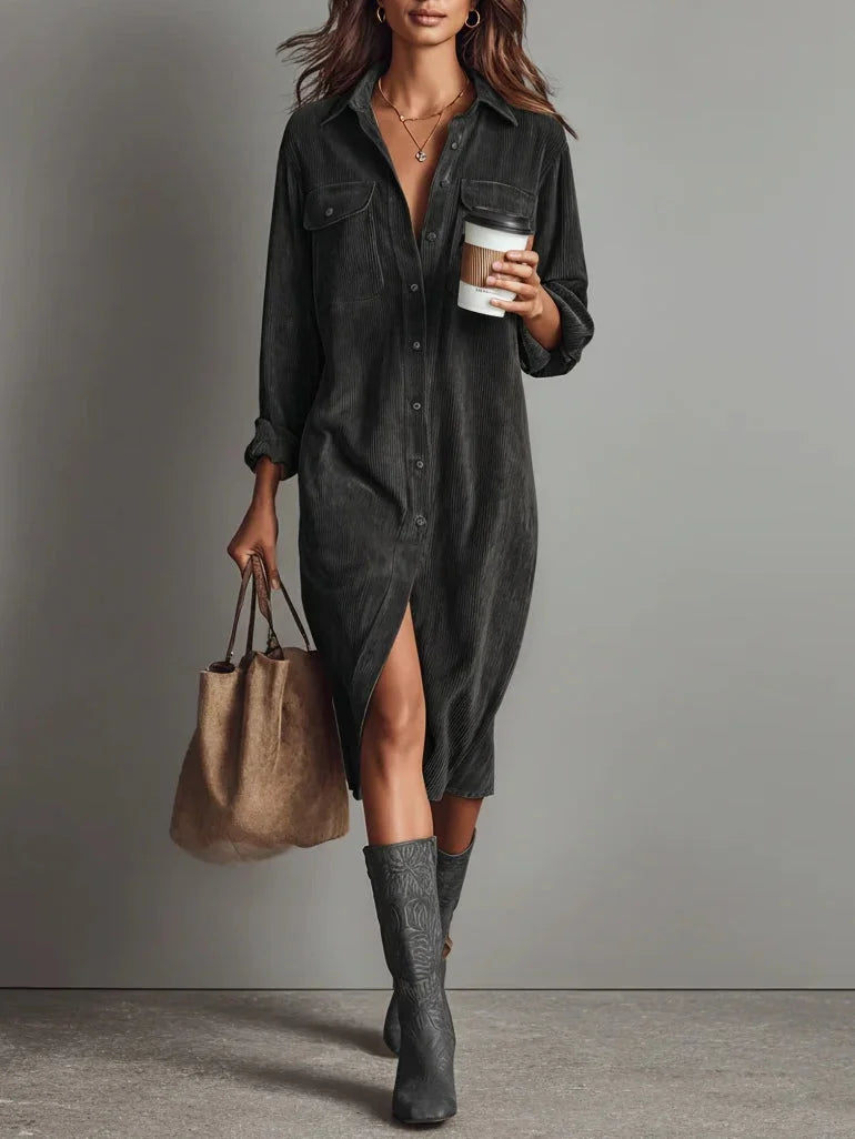Women's button front long sleeve midi dress