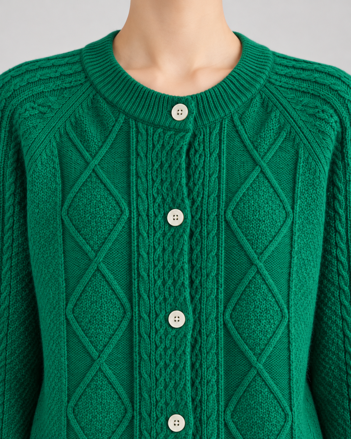 Women's Cable Knit Cardigan - Button-Front Crew Neck