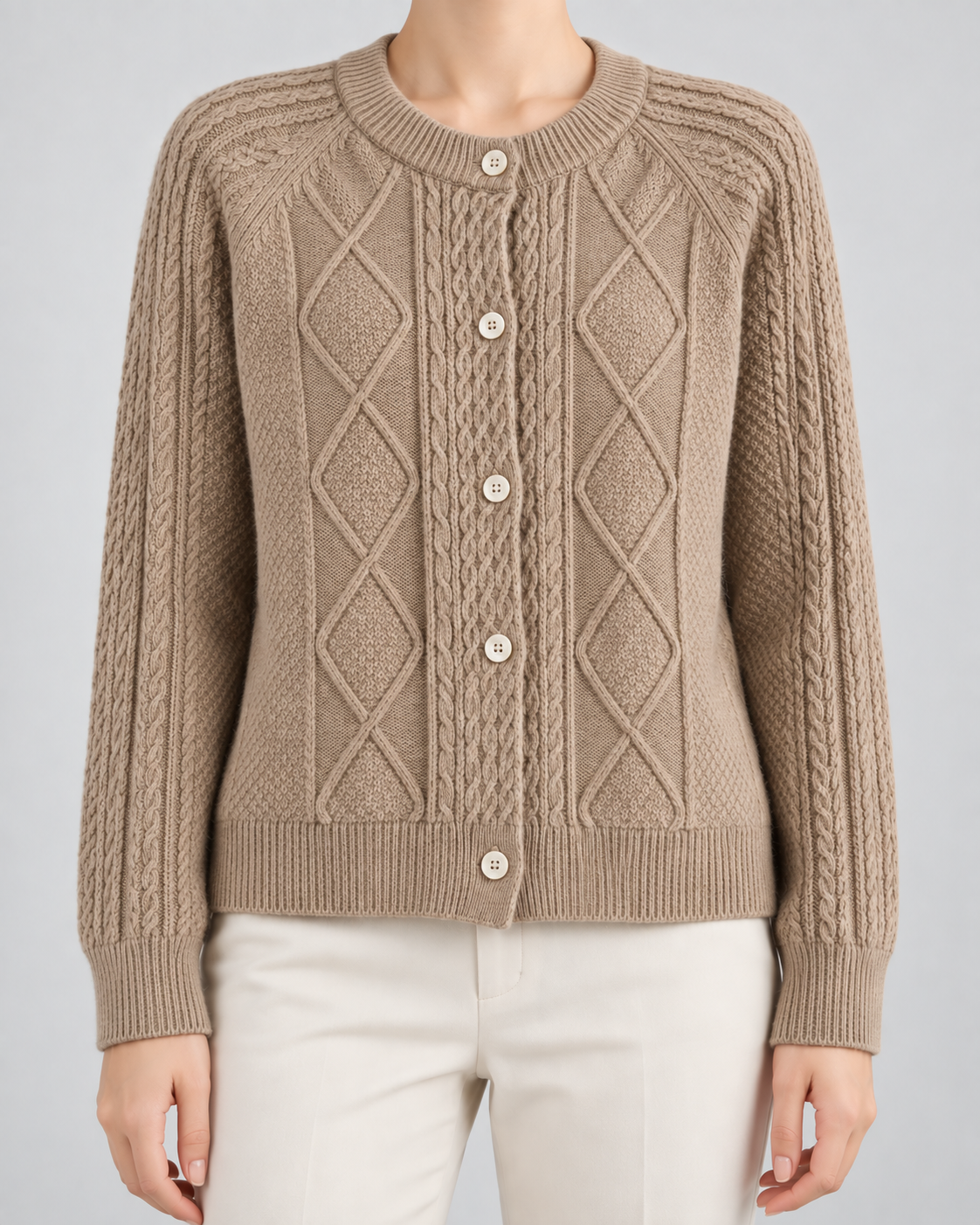 Women's Cable Knit Cardigan - Button-Front Crew Neck
