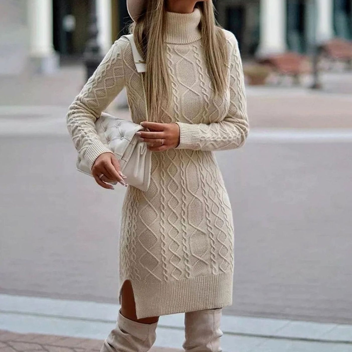 Women's Cable-Knit Long Sleeve Turtleneck Dress Side Slit