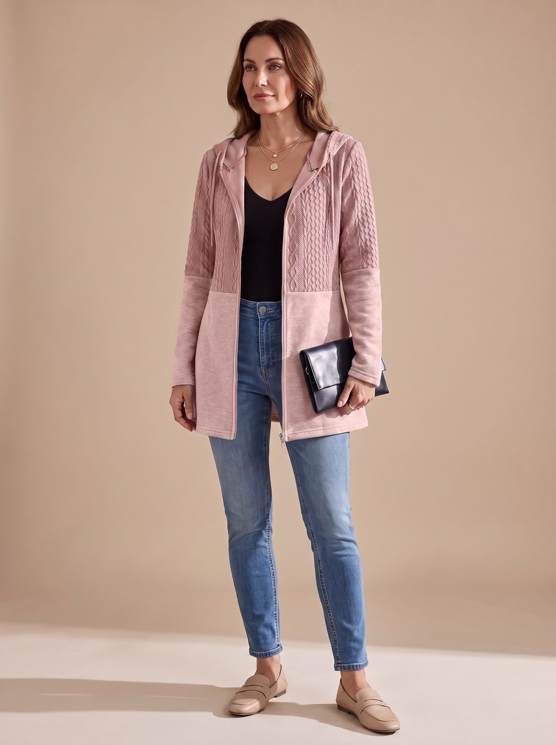 Harper | Women's Cable-Knit Panel Hooded Full-Zip Longline Coat